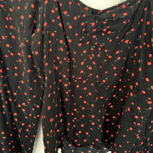 EUC, Free People Julia Cherry Print Blouse, Smocked Back, Black, Size L - Picture 4 of 14